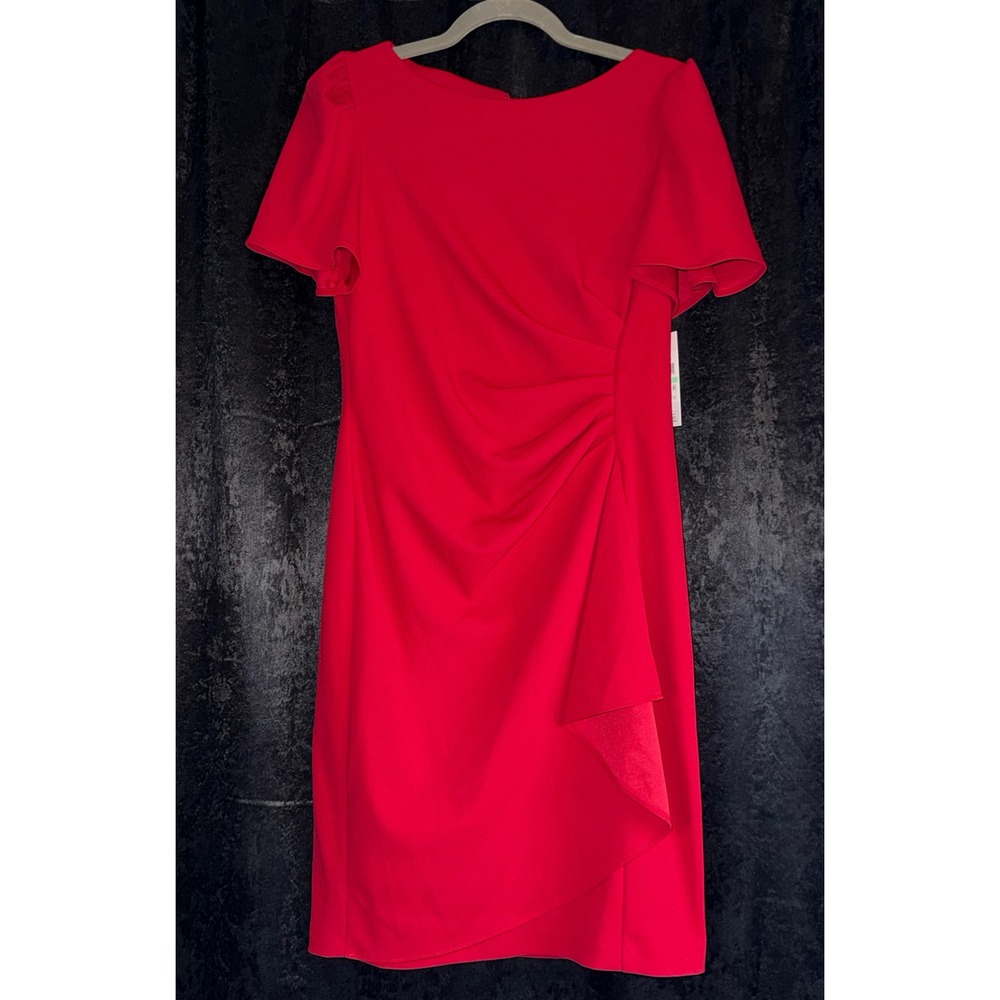 DKNY Womens Red Short Sleeve Ruched Ruffle Sheath Dress ED4KAE64 Size 8 NWT